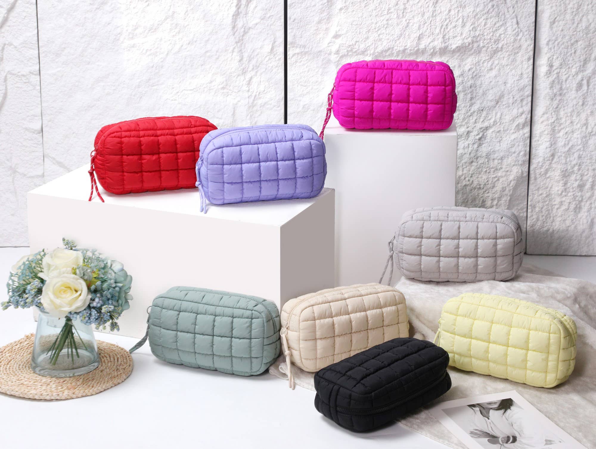Quilted Puffer Nylon Cosmetic Pouch